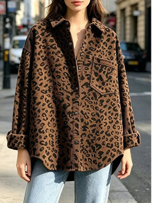 brown button-down shirt with leopard and collared