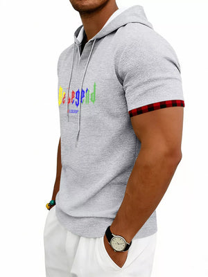 Khaki Men's Full Size Letter Graphic Short Sleeve Hooded Top