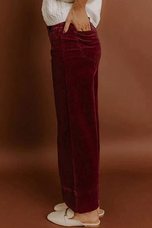 Corduroy High Waist Wide Leg Pants in burgundy with high-waisted