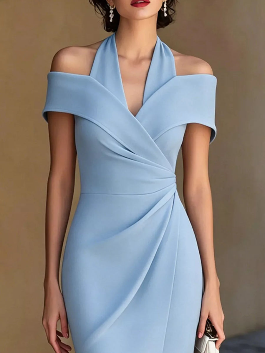 Sky blue asymmetrical midi dress with off-shoulder halter neckline and draped detail.