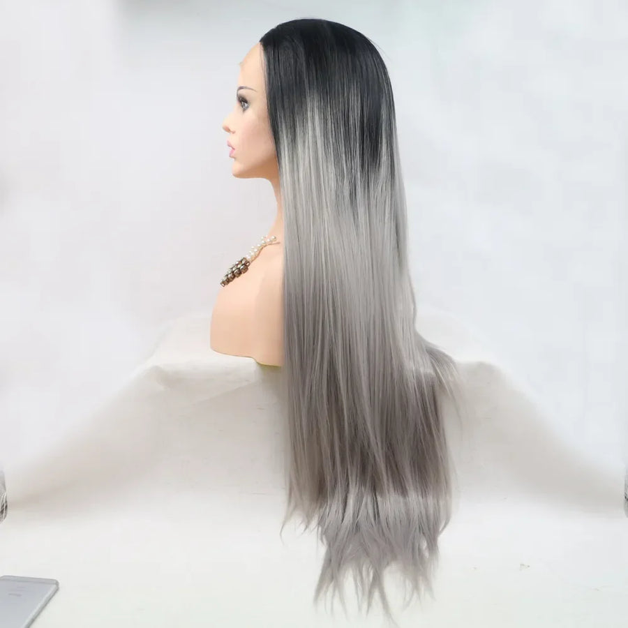 Ombre Cascade lace front wig in black to grey, sleek straight style.