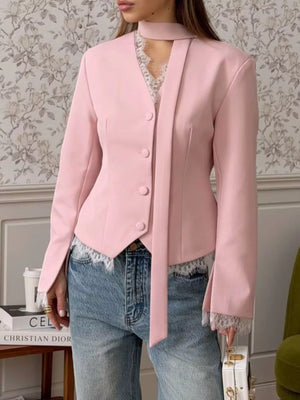 blazer in blush pink featuring lace trim and fitted fit