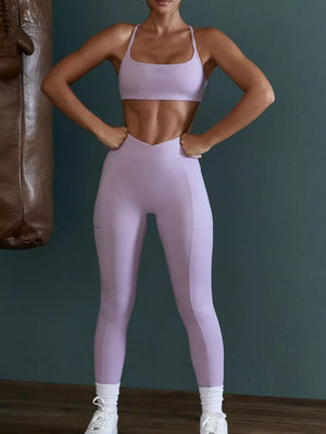 Seamless Cross-waist Cami And Leggings Set in Black with backless