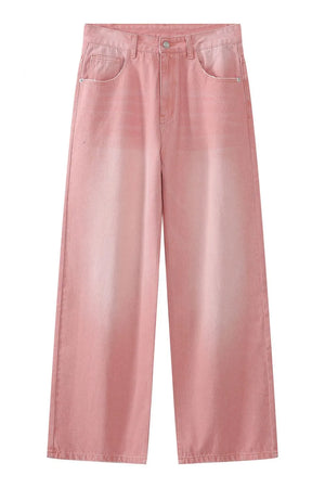 Faded pink wide-leg denim trousers with a gradient wash and classic five-pocket styling.