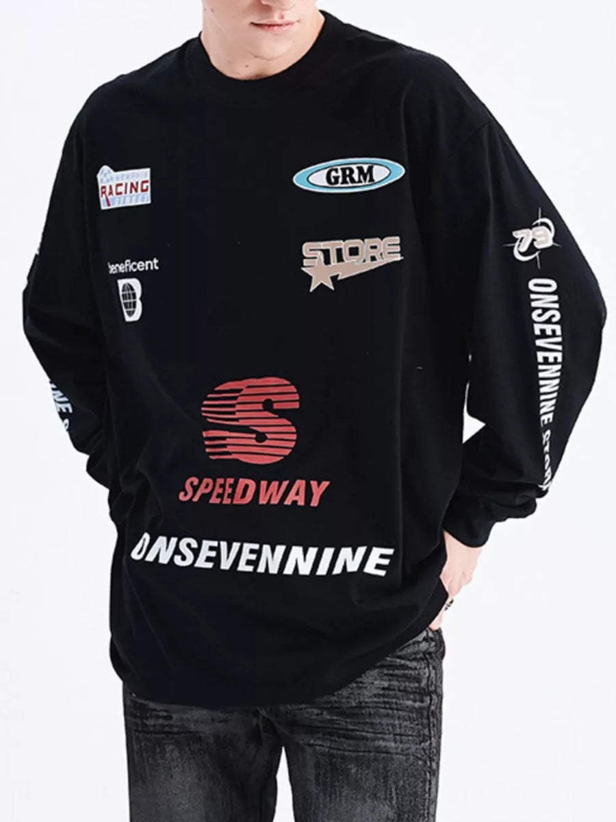 Black graphic oversized long sleeve t-shirt with racing and store logos.