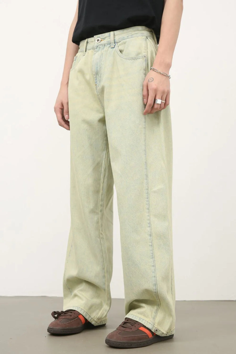 Acid wash wide leg denim trousers in sage, featuring a relaxed fit and casual style.