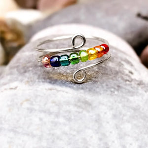 Silver spiral ring with rainbow beads, adjustable boho style