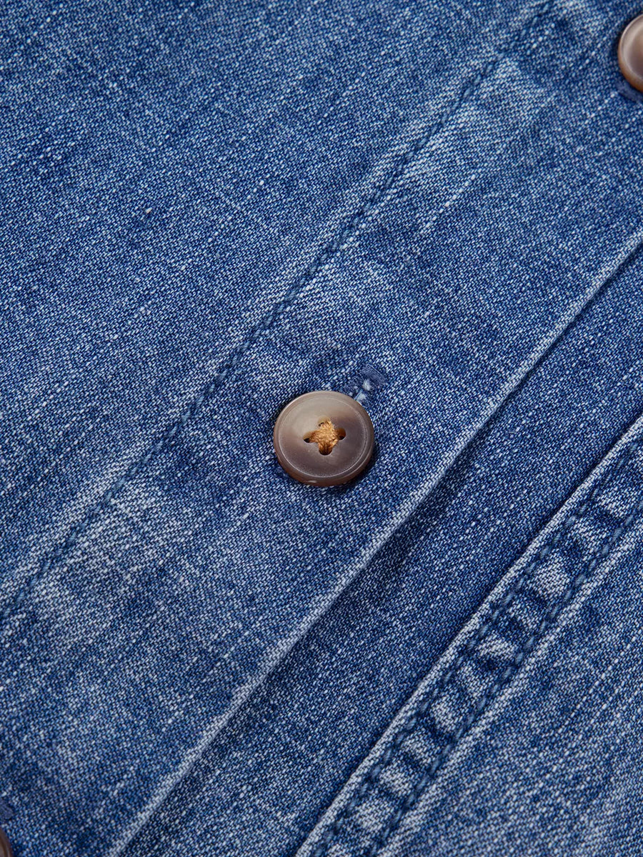 Three Quarter Sleeve Loose Denim Shirt in Dusty Blue with chest pocket