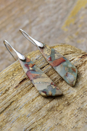 Mosaic stone drop earrings with silver hooks and a boho pattern.