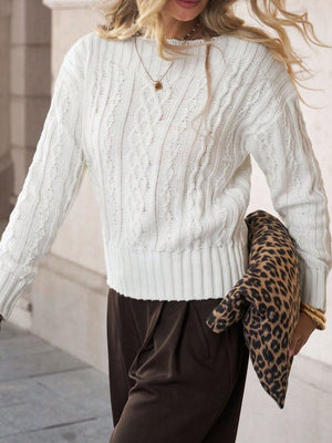 95% polyester, 5% spandex Care instructions: Machine wash cold pullover sweater in ivory with regular silhouette