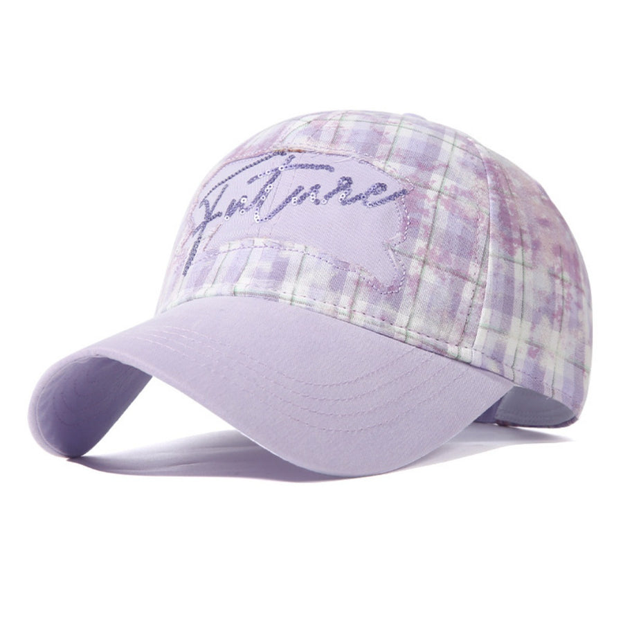 Purple plaid baseball cap with embroidered "future" detail and lavender brim.