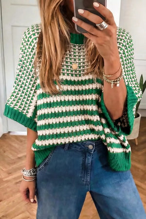 forest green pullover sweater with striped and crew neck