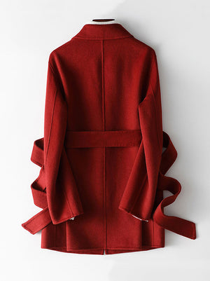 Double-Sided Wool Coat With Belt in Beige White