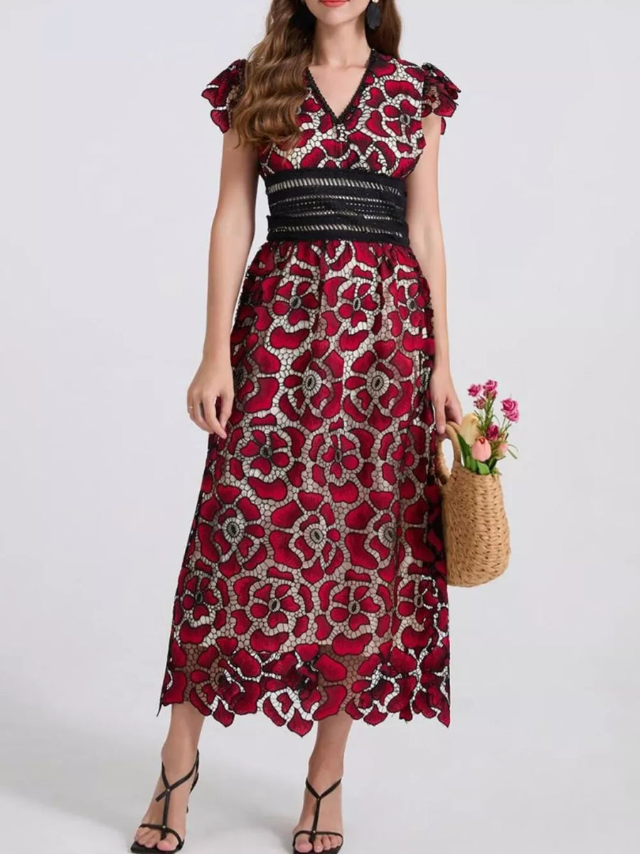 Burgundy floral lace midi dress with V-neck, short sleeves, and black waistband.