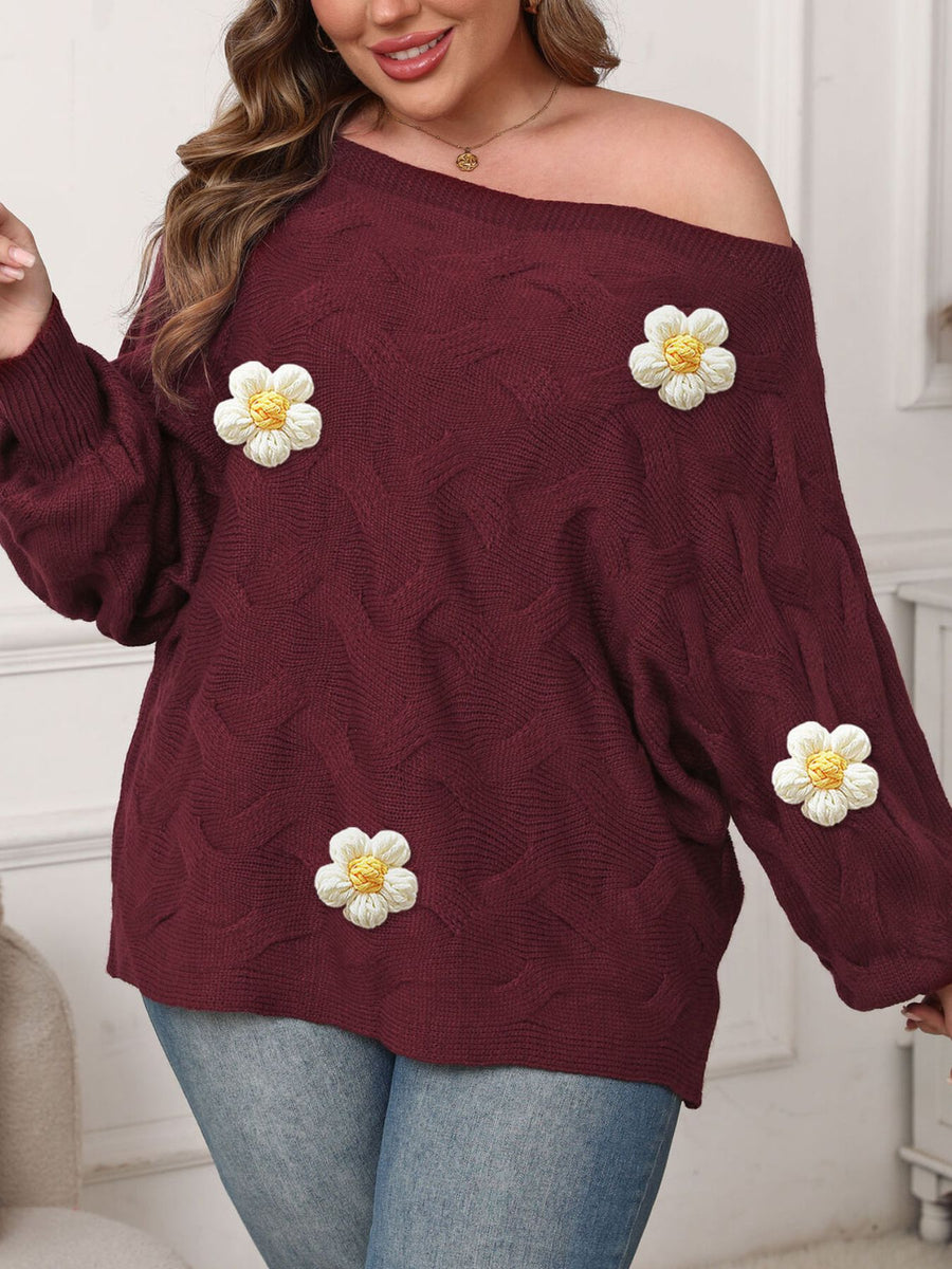 Wine Red pullover sweater featuring applique and geometric