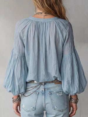 Red Notched Balloon Sleeve Blouse