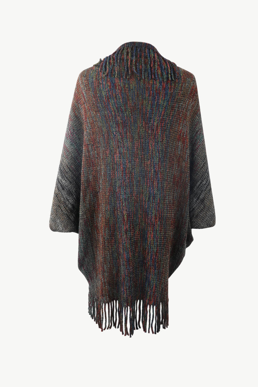 Textured stripe fringe cape in multicolor knit with fringe trim.