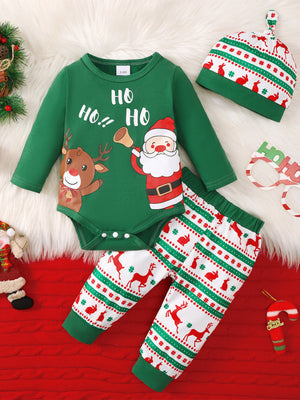 forest green pajama set with christmas-print and crew neck