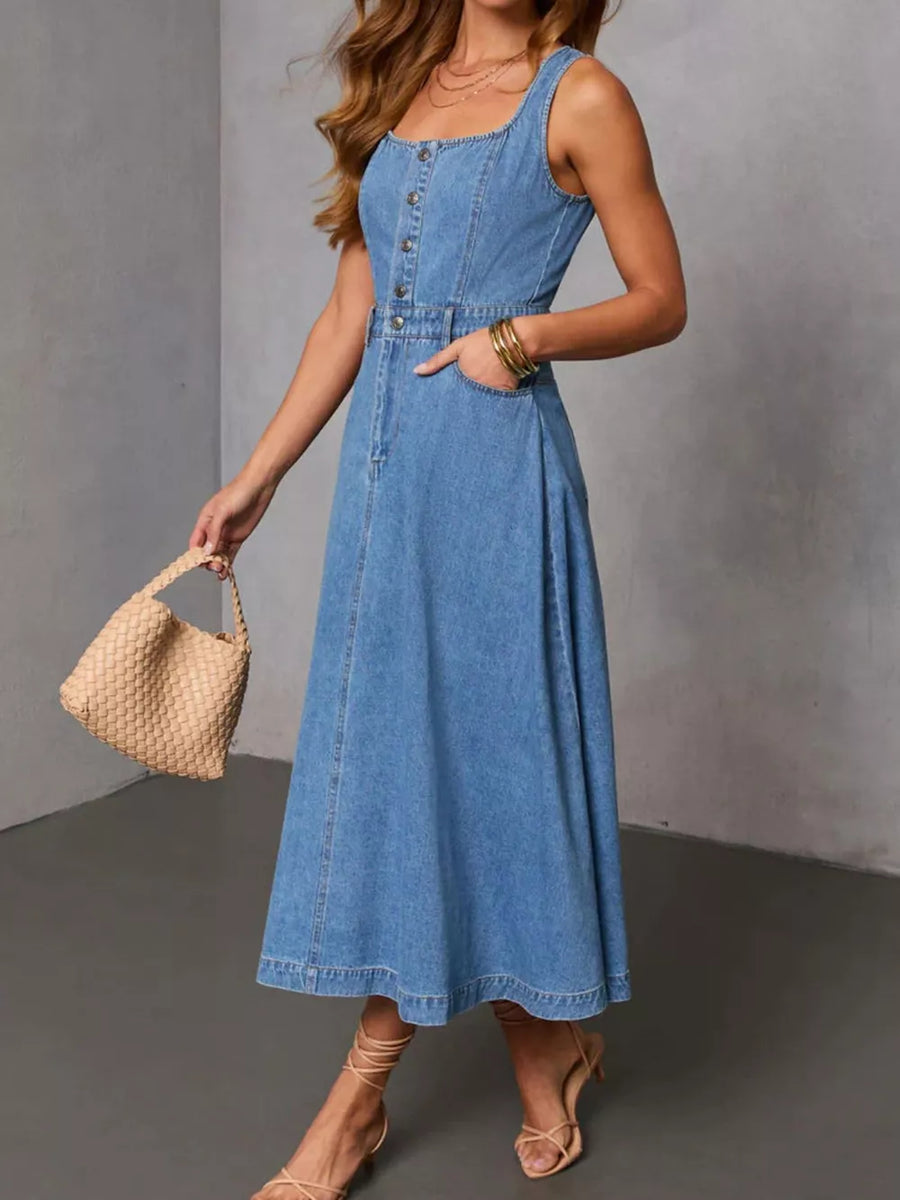 Blue midi dress with midi and button-front