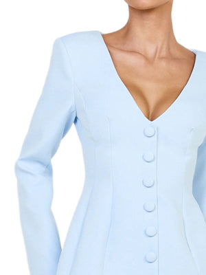 Deep V-Neck Button-Down Blazer Dress in Wine Red with buttoned