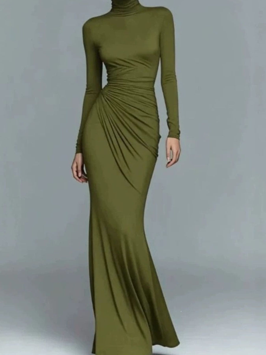 Olive Color fitted maxi dress with turtleneck