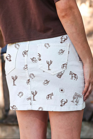 White mini skirt featuring pocketed and western-print