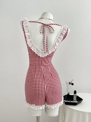 romper in white with gingham and ruffled
