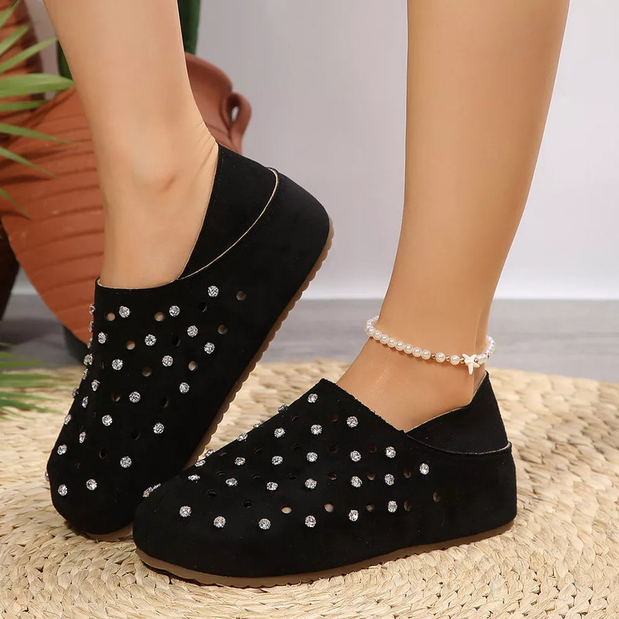Polyester, Rubber, Rhinestone Imported Size & slip-ons in tan with flats silhouette