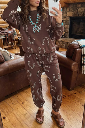 Western Print Elastic Waist Pocket Pant Set in Coffee Brown
