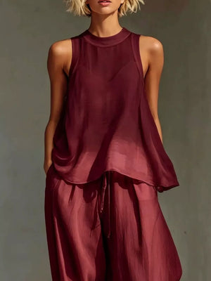 Burgundy two-piece set with sleeveless and sleeveless