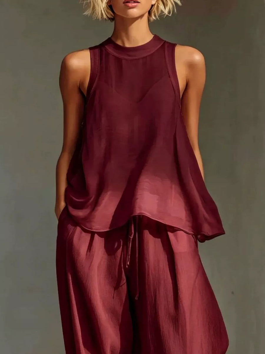 Burgundy two-piece set with sleeveless and sleeveless