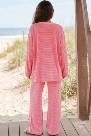 Striped Drop Shoulder Long Sleeve Top And Pants Set in Dusty Pink