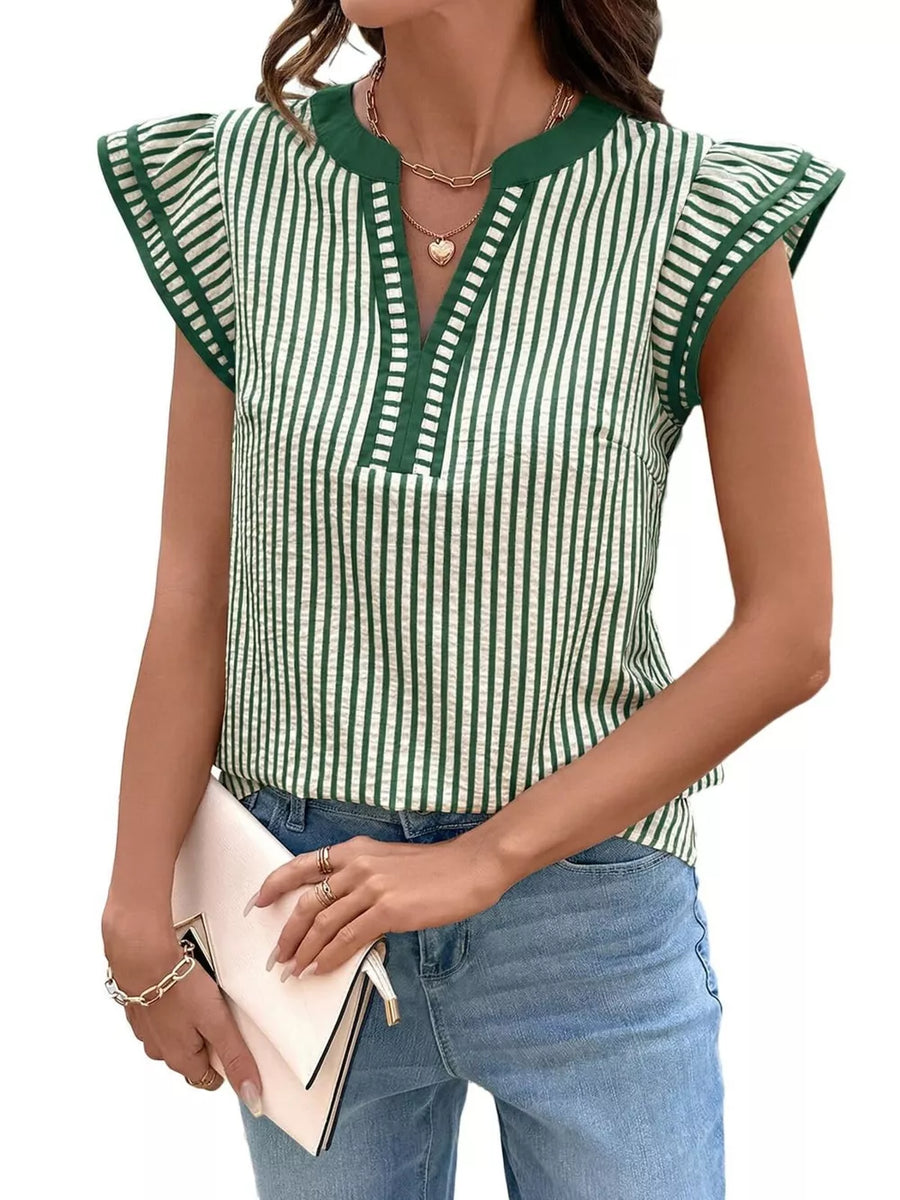 Green and white striped blouse with ruffle sleeves and V-neck