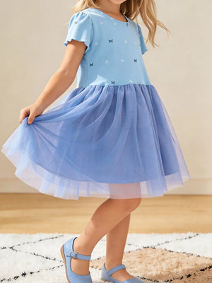Baby girls cerulean cotton dress with butterfly print and tulle skirt.