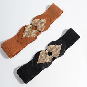 Elasticated waist cincher belt in caramel and black with gold leaf buckle detail.