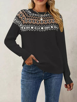 black pullover sweater with Fair Isle and crew neck