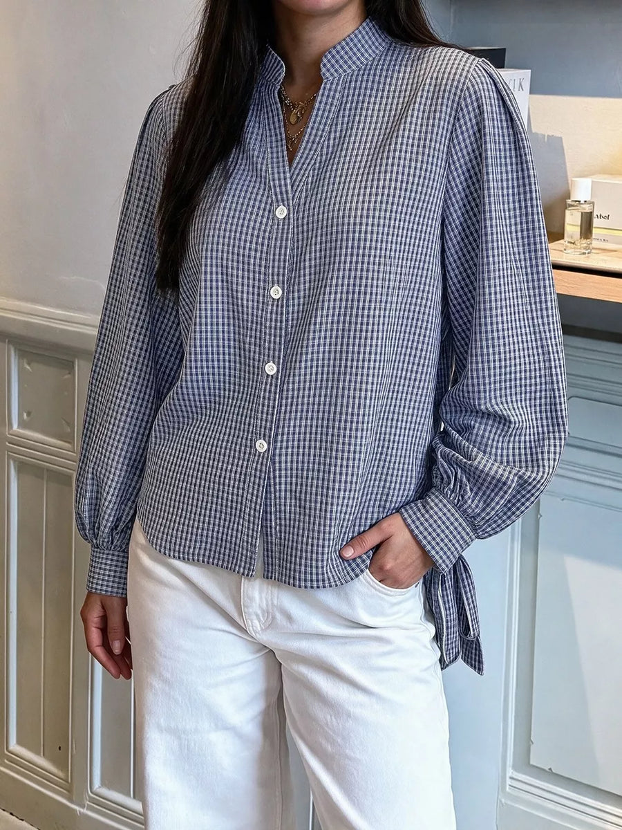 button-up shirt in Navy with gingham and tied sleeves