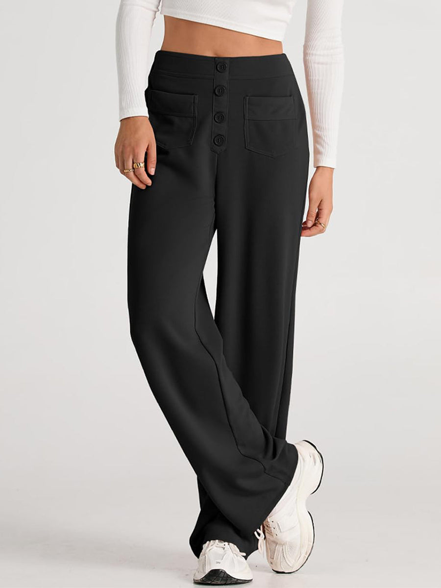 Black button-front palazzo trousers with flap pockets and a wide leg.
