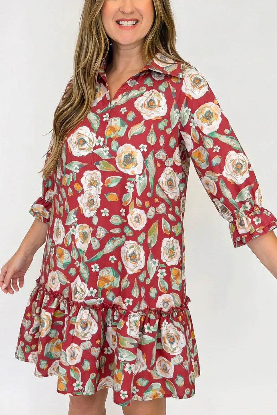 Rust with Floral Print Half Sleeve Shift Dress