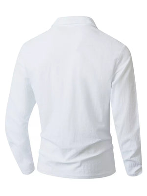 sage green camp shirt with v-neck opening and long sleeve