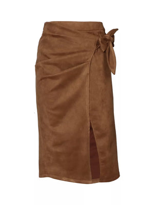 Brown suede midi skirt with tie detail and side slit