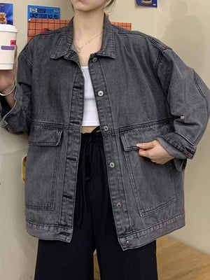 Oversized Wash Denim Jacket With Utility Pockets in Blue