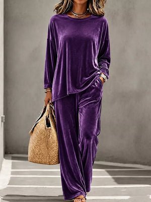 Red top and pants set with hip-length and pullover