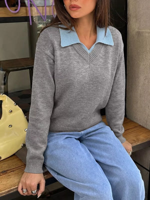 Gray with Contrast Collar Dropped Shoulder Sweater in Gray