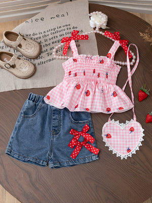 Pink gingham strawberry smocked crop top with denim shorts and red polka dot bows.