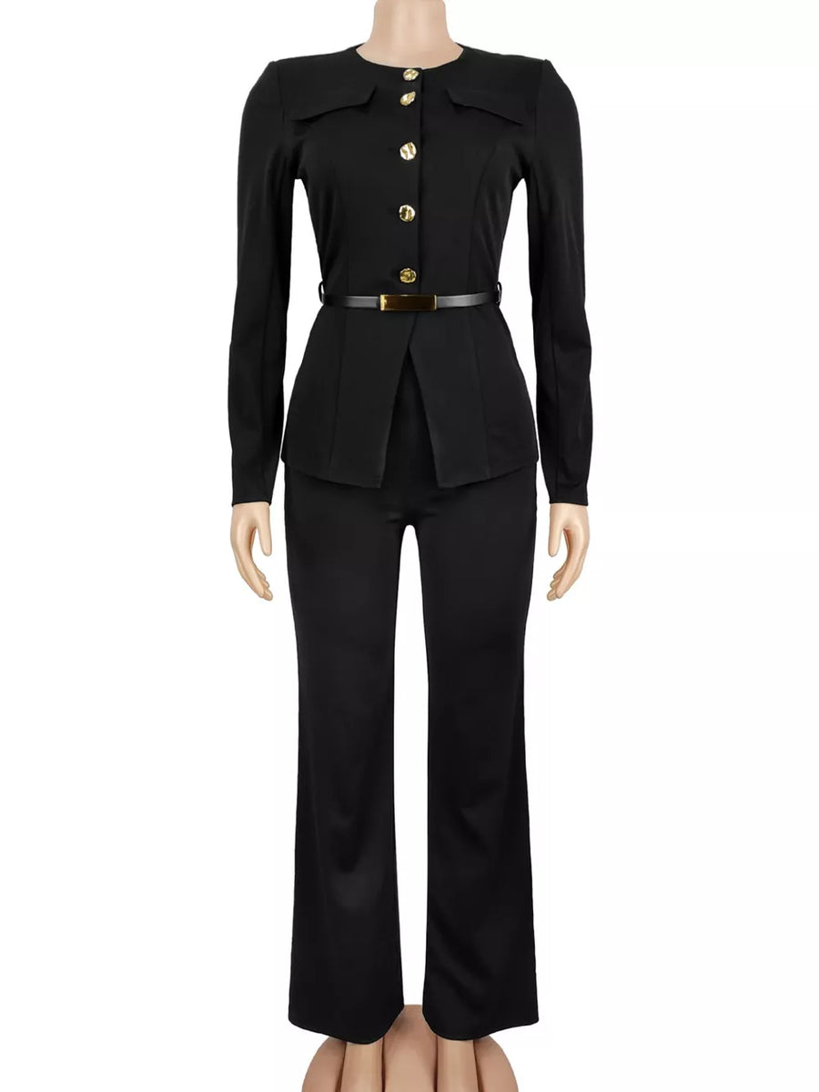 Button Up Long Sleeve Top And Pants Set in Black with buttoned