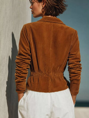 100% polyester Care instructions: Machine wash cold blazer in Caramel with relaxed silhouette