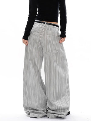 Men's grey pinstripe wide-leg sweatpants with a relaxed fit and elastic waistband.