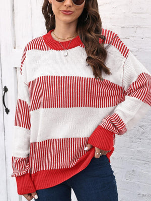 pullover sweater in Peacock Blue with striped and stretch