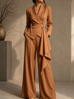 pants set in camel featuring belted and tailored fit